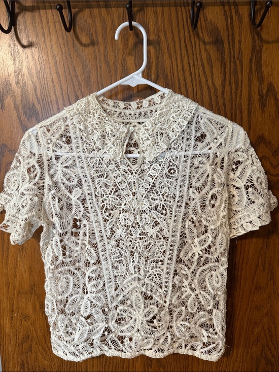 Vintage Tops - Vintage Cream Crochet Lace Short-Sleeve Blouse